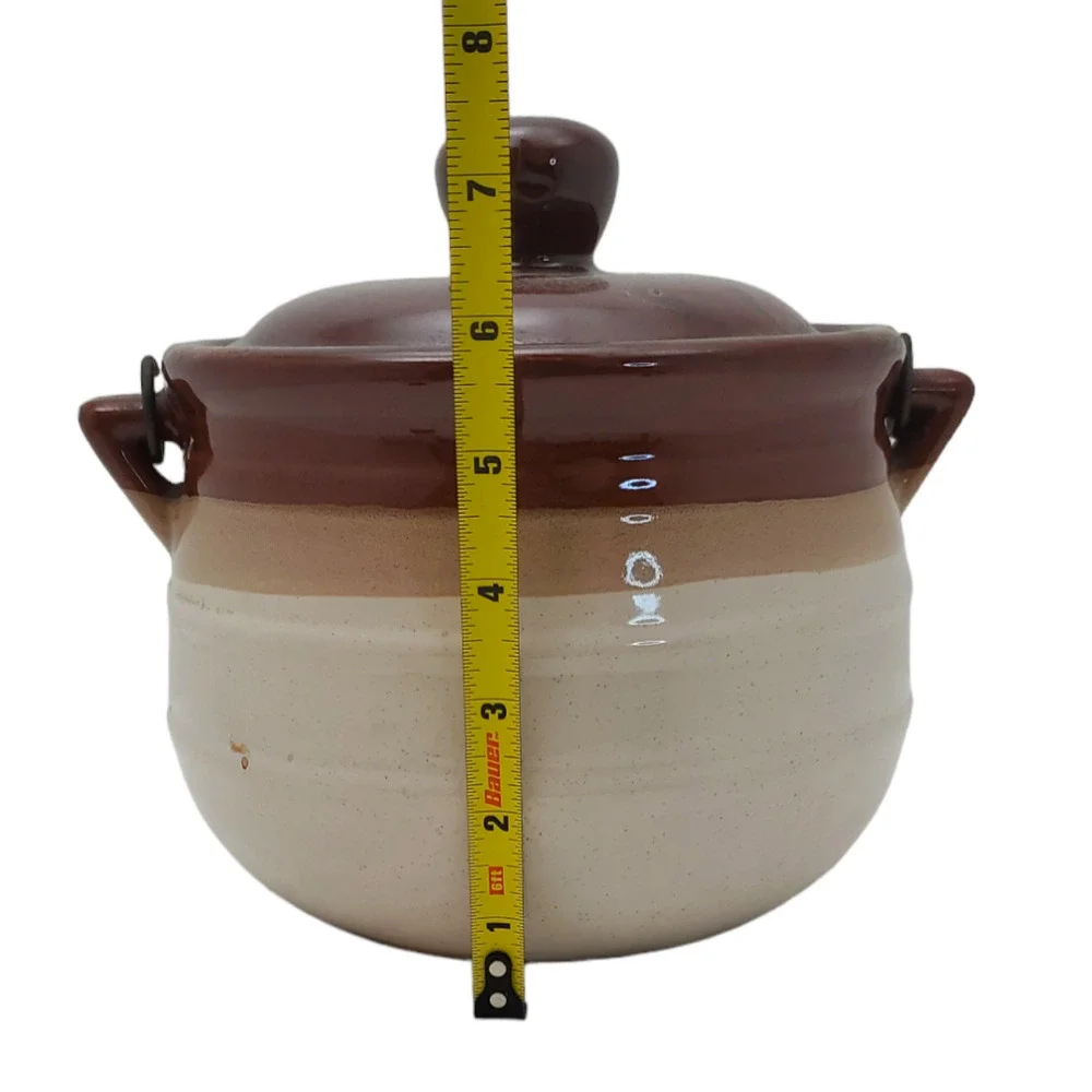 Clay Baked Bean Pot 3 qt with Handle Lid No Ladle Brown